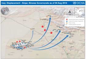 Location of Jebel Sinjar showing recent clashes and population displacements.