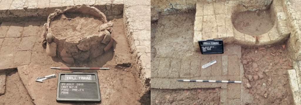 On the left , the oven in Room IV; on the right, the mud-brick platform after removal of the oven. (Courtesy of the University of Hawaii Tell Timai Project)